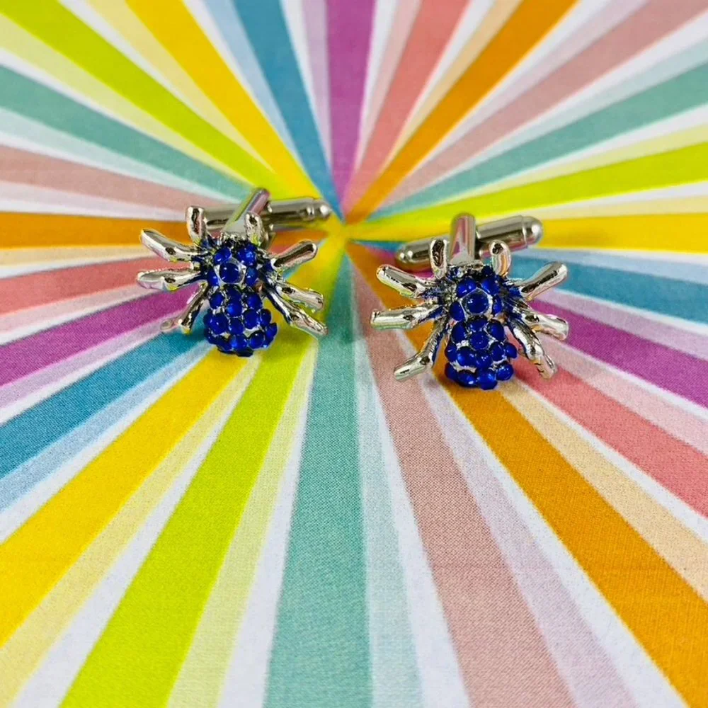 Cool Bright blue rhinestone encrusted little silver spider cuff links